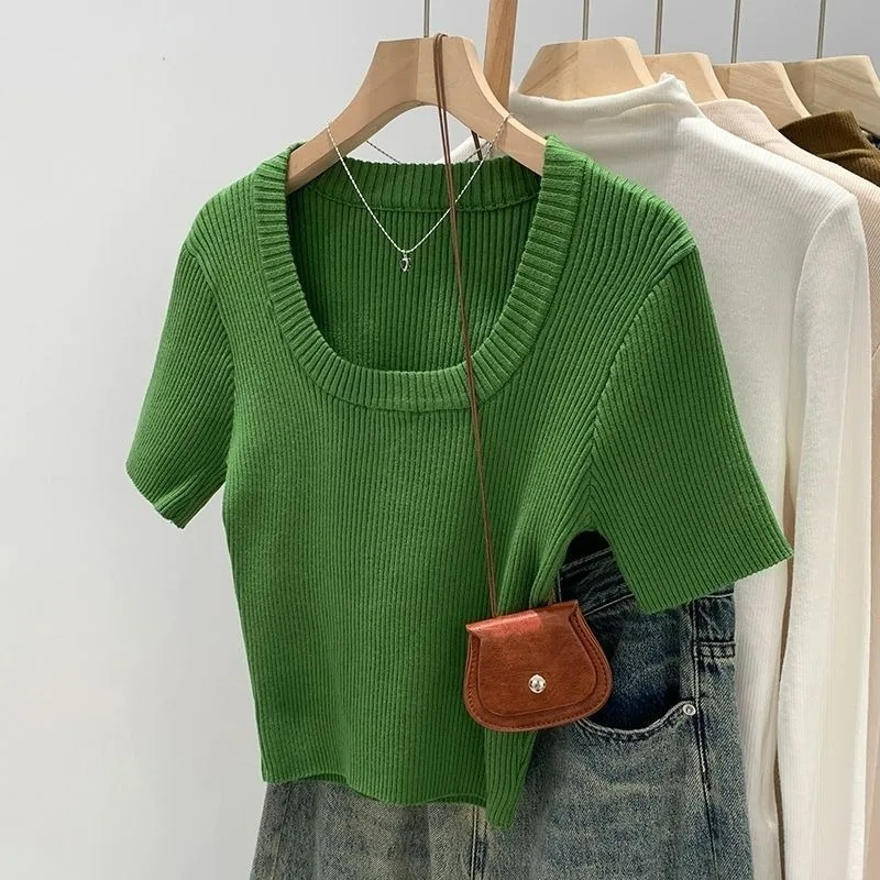 Versatile Simple Solid Color Square Neck Threaded Short-sleeved Knitted T-shirt Women's Summer New Temperament Cropped Top
