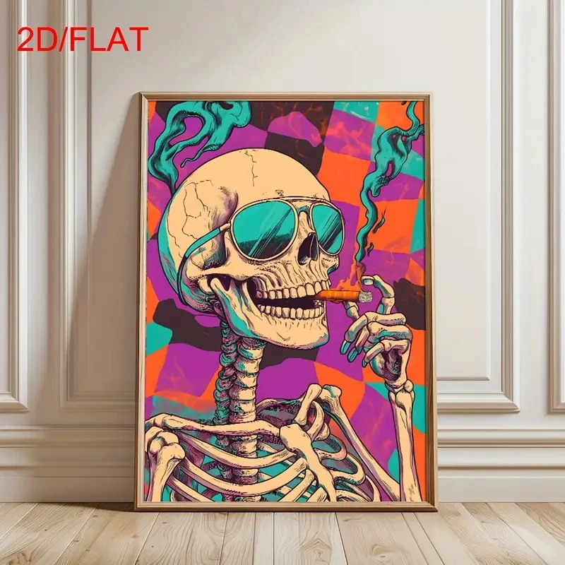 Abstract Skull Smoking Poster, Retro Modern Gothic Style Decoration Orange Purple Blue Green, Medieval-style Home Decoration