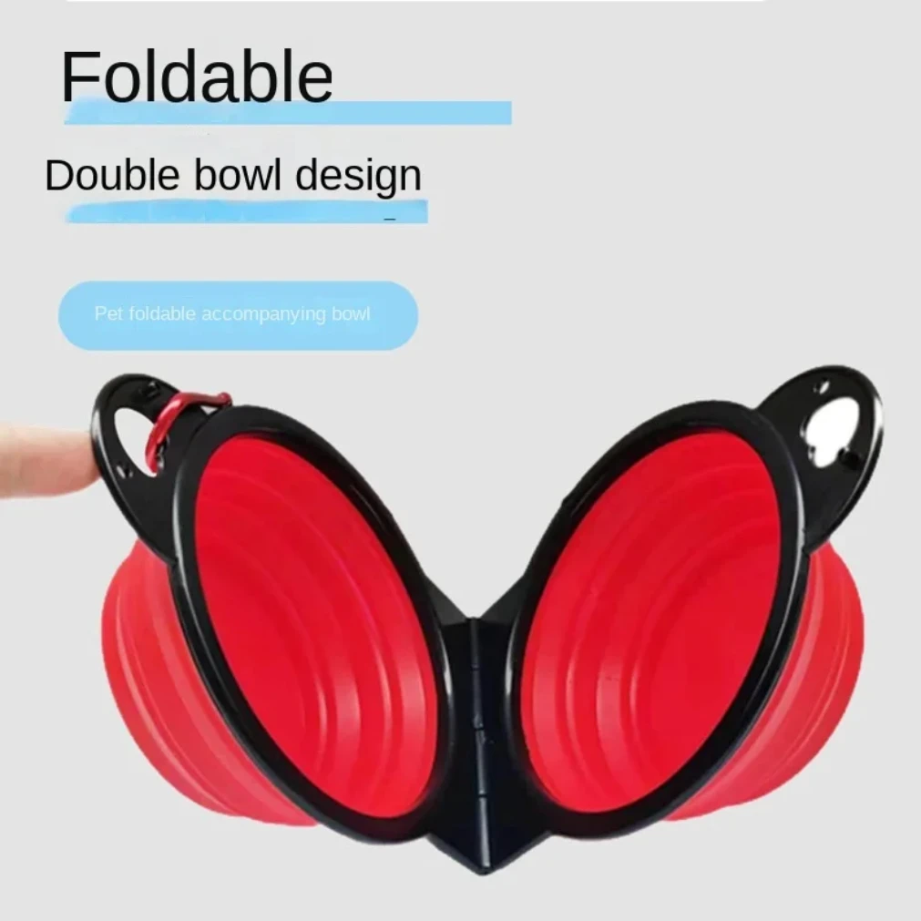 Tigela dobrável 2 em 1 para viagem de cachorro, tigelas duplas, tigela dobrável para comida e água, portátil, pendurável, alimentador para cães ao ar livre, produto