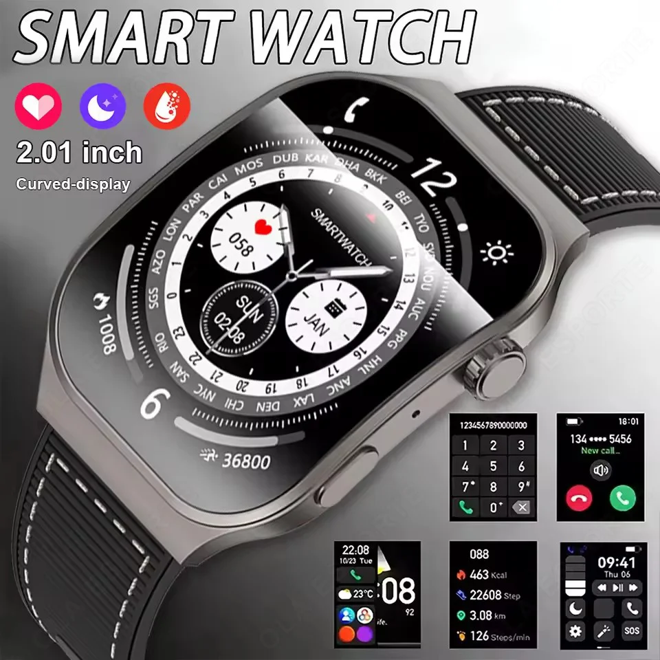 Neue Bluetooth-Smartwatch mit Anruffunktion für Herren, 2,01 Zoll HD-Curved-Screen, Sportuhr, Gesundheitsmonitor, Smartwatch für Android iOS Hw12