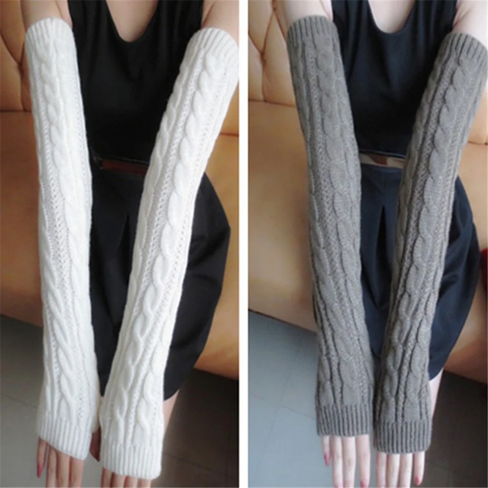 Crochet Arm Warmers Elbow Mittens Long Knitted Fingerless Gloves Twist Knitting Woolen Arm Sleeve Solid Color Winter Arm sleeve