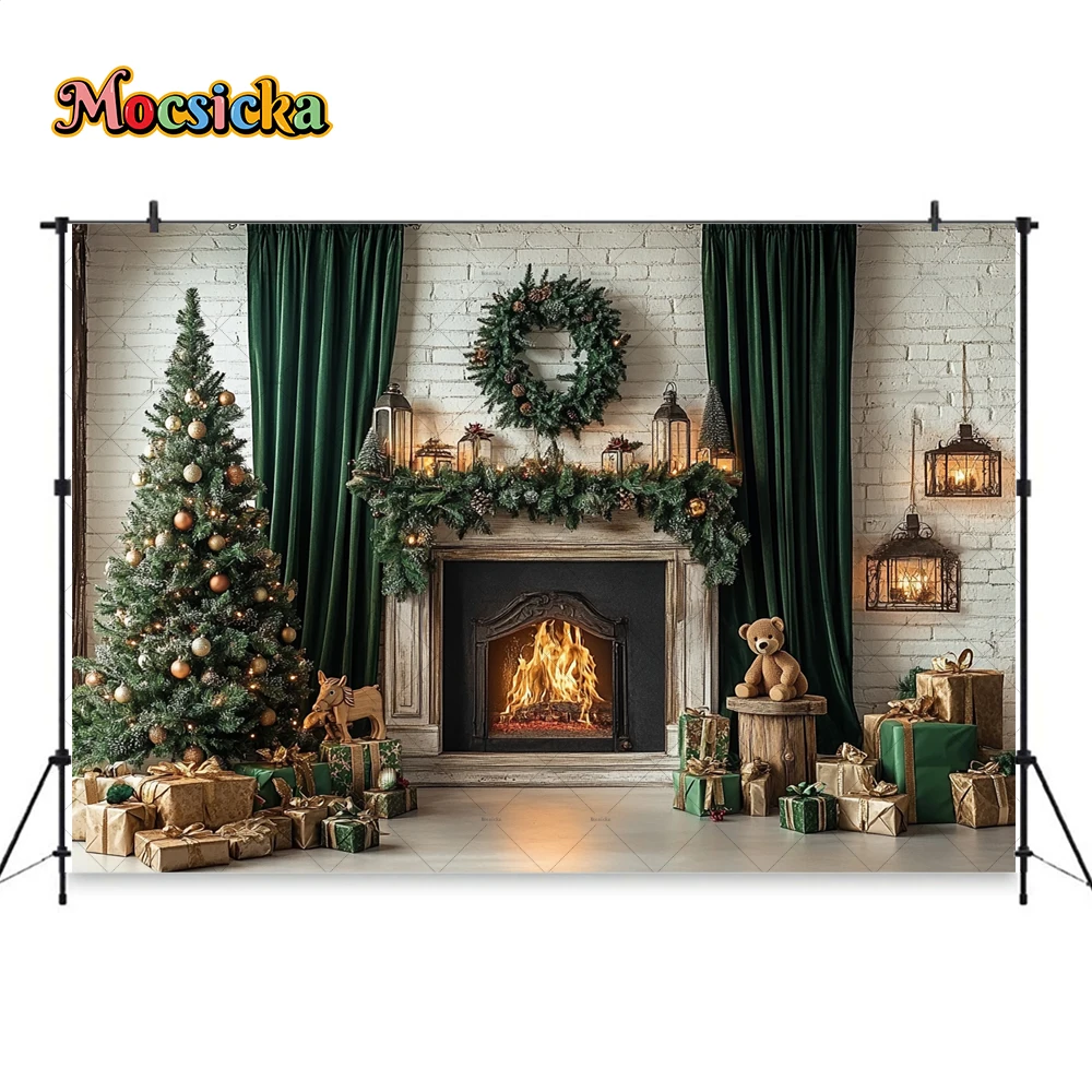 Vintage Christmas Fireplace Background Photography Green Curtains Wreath Xmas Tree Gifts Room Backdrop Kid Winter Birthday Photo