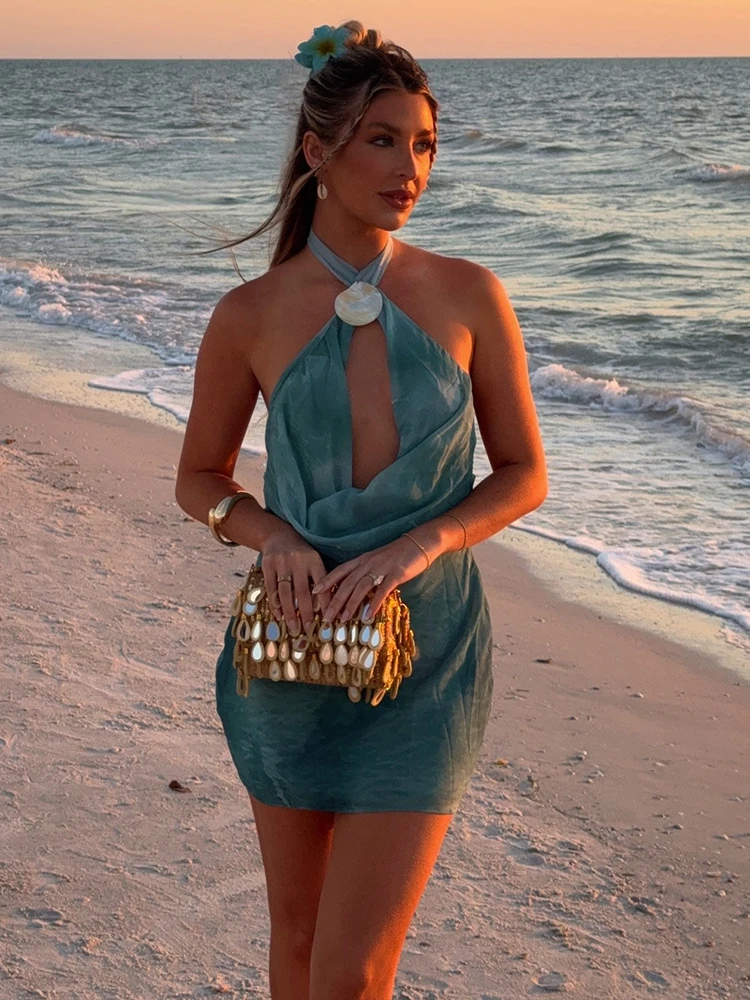 Tie Dye Halter Backless Sexy Mini Dress Women Robe Hollow Out Off-shoulder Sleeveless Beach Club Party Dress Elegant