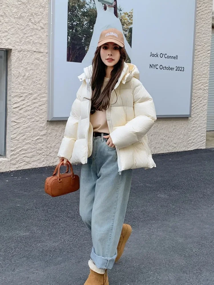 New Winter Women White Duck Down Jacket fashion versatile Hooded loose short puffer jacket  Light and warm Clothing female