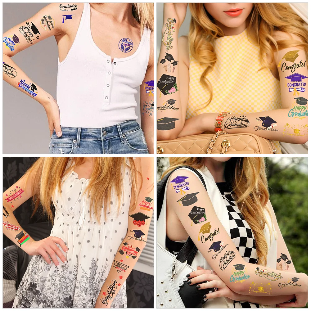 

Graduation Theme Tattoos Stickers 6 Sheets Temporary Party Decorations Caps Stars Diplomas Awards Certificates