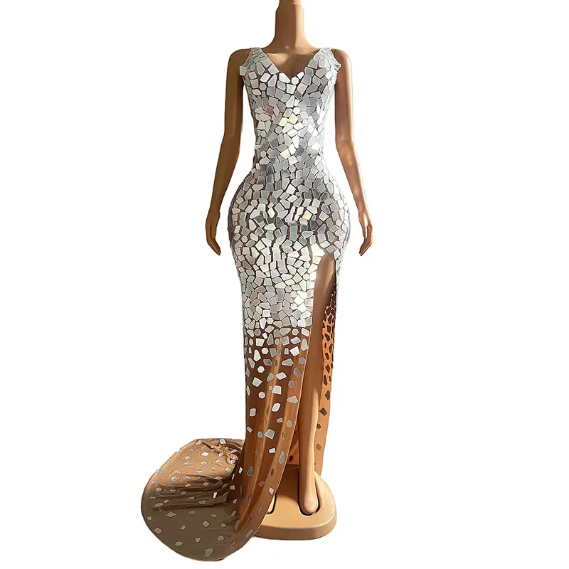 Thin Sequins Mirror Gradual Change Sleeveless Long Evening Dress Slim, Shiny & Glam, For Model & Internet Celebrity Prom Dress