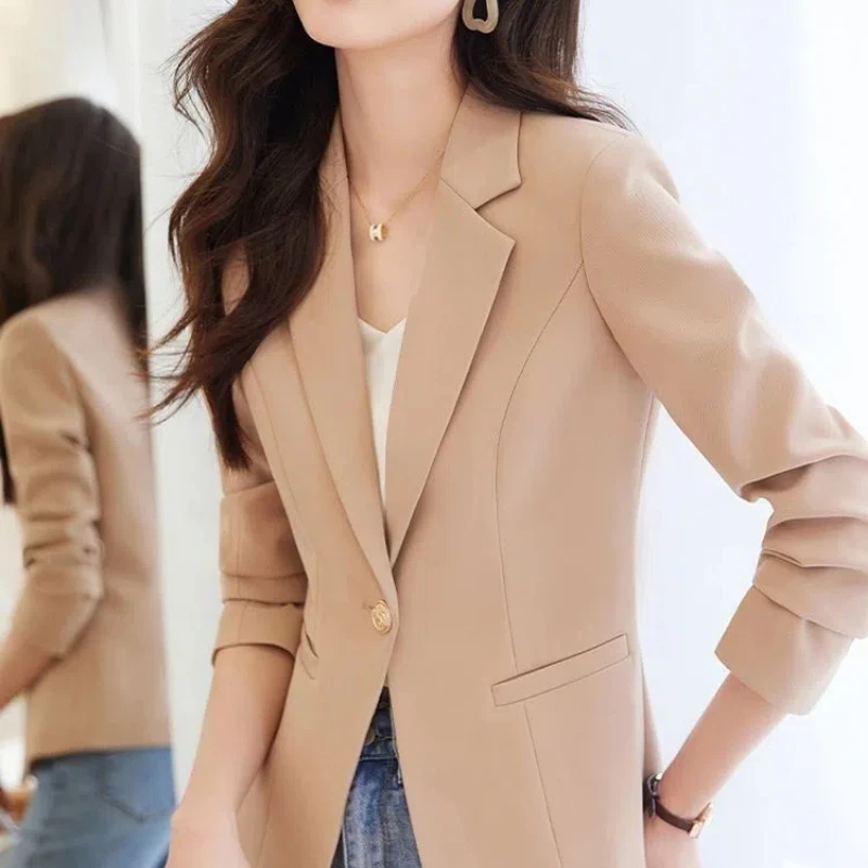 Women\'s Clothing Turn-down Collar Blazer Solid Color Button Up Cardigan Spring Autumn Shirt Coats Suits Office Lady Chic Tops