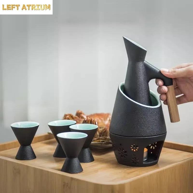 Japanese-style ceramic wine cabinet set includes 1 wine jug, 1 wine cabinet, 4 sake glasses, 1 tray and candle heater