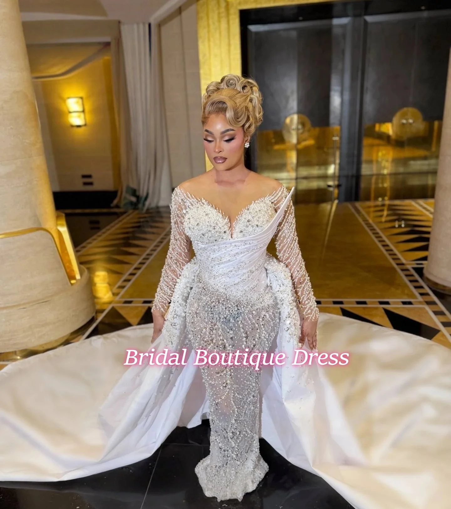 

African Wedding Dresses Long Sleeves Sheer Net Mermaid Bridal Gowns 2024 Customized Plus Size Bride Dress With Detachable Train