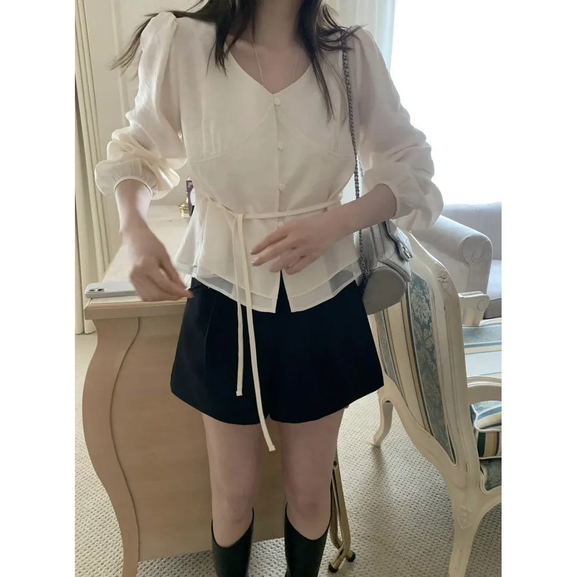 

Sweet V-neck Bubble Sleeve Shirt Double Layer Ruffle Design Bow Tie Korean Style Spring 2026 Women's Casual Fashion Blouse