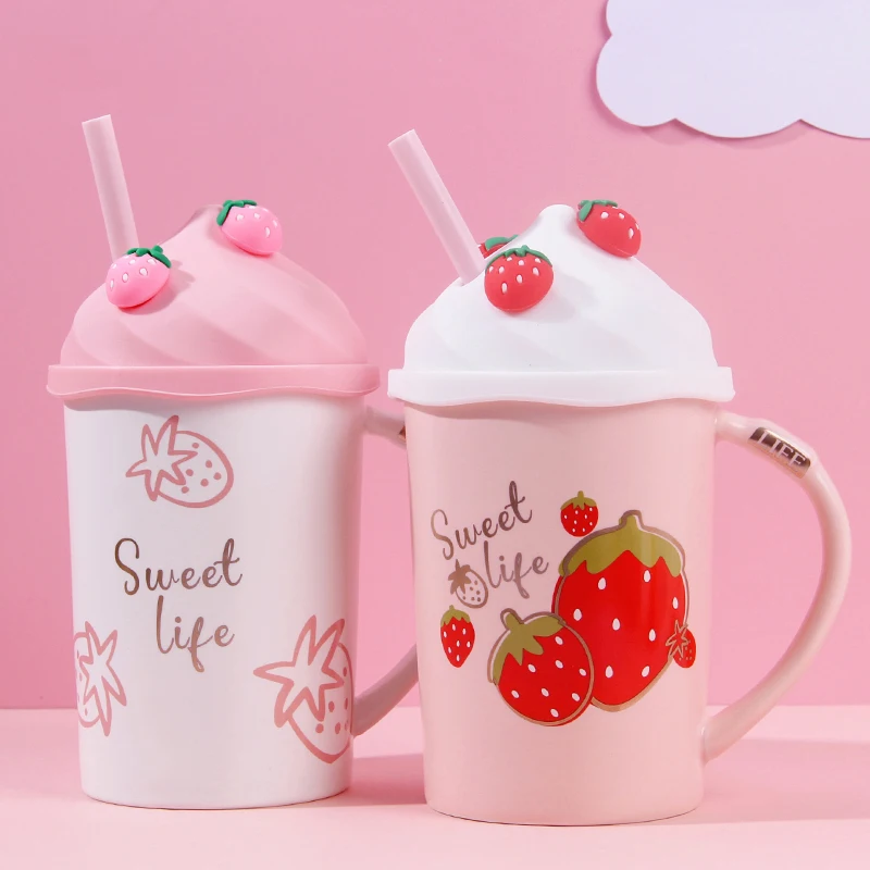 Kawaii Strawberry Ice Cream Mug Coffee Cup Cute Ceramic Tea Mug With Silicone Lid Adults Straw Student Girl Drink Water Cup