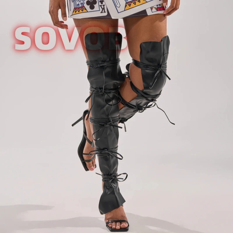 

Сандалии-гладиаторы на высоком каблуке с квадратным носком, на шнуровке, до бедра, летние, новые, с ремешками, большие размеры до 44