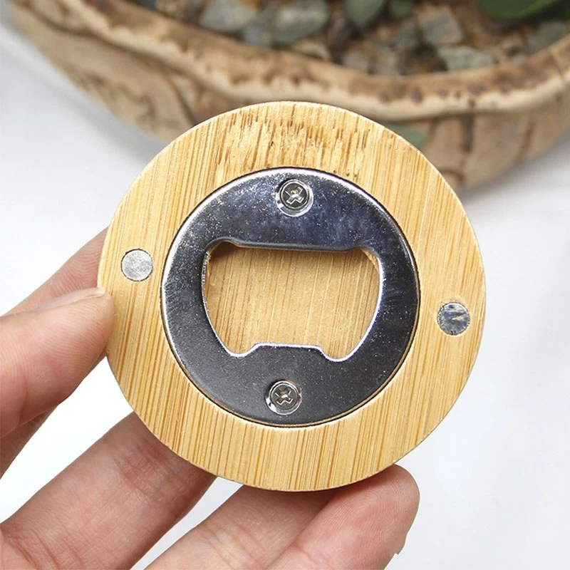 Blank DIY Wooden Round Shape Bottle Opener Coaster Fridge Magnet Decoration Beer Bottle Opener Refrigerator Message Sticker