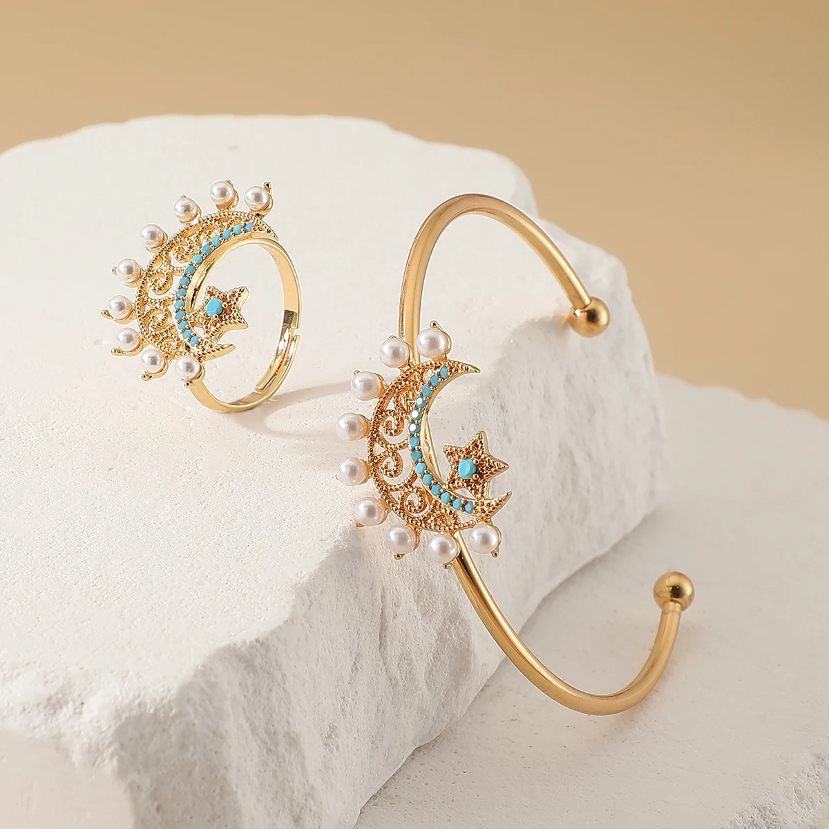 Frauen Mode süße Gold Perle Zirkon offene Manschette Armreif Ring Set arabischen Stil Mond Start aushöhlen Design Hochzeit Schmuck Set
