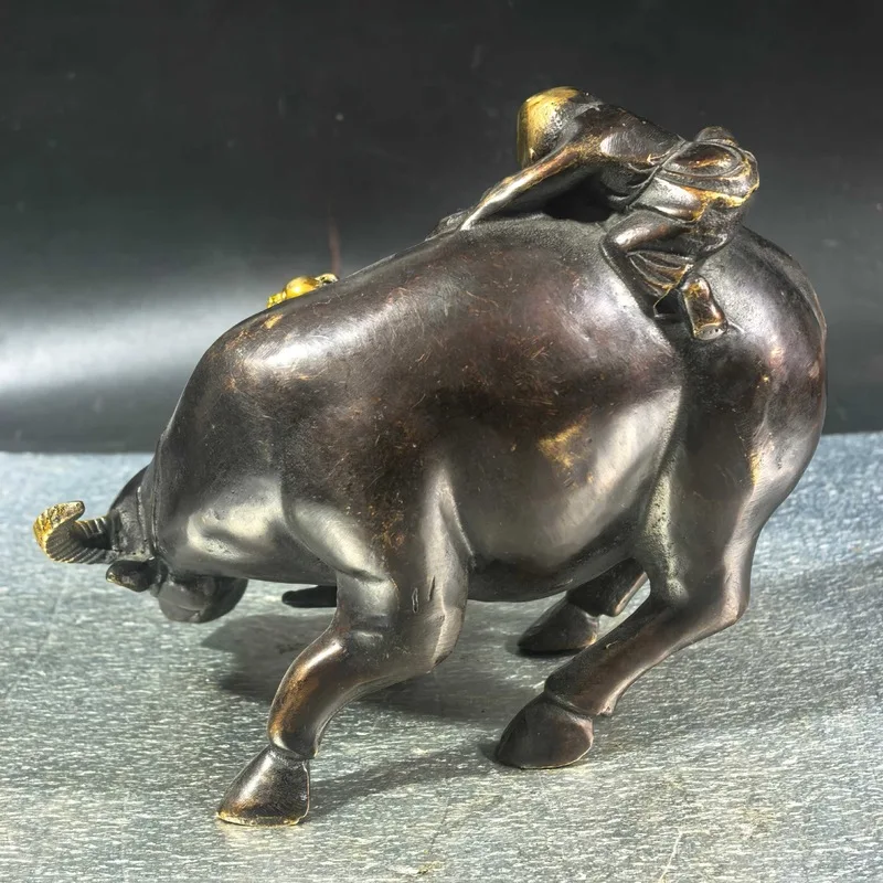 Bronze figure of a shepherd boy riding a cow, zodiac animal bronze artifact, home decor craft, decorative bronze cow herder orna