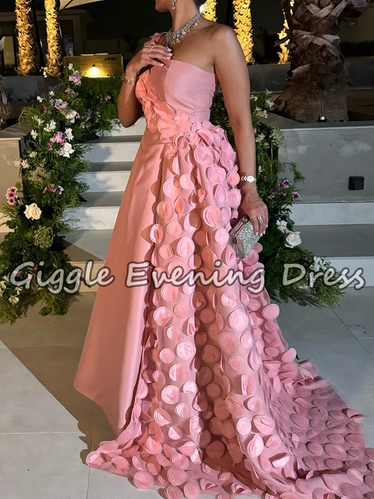 Robe de soirée saoudienne rose pour femmes, élégante robe de bal trapèze en Satin, asymétrique épaule dénudée, avec des appliques, pour Occasions spéciales, personnalisée