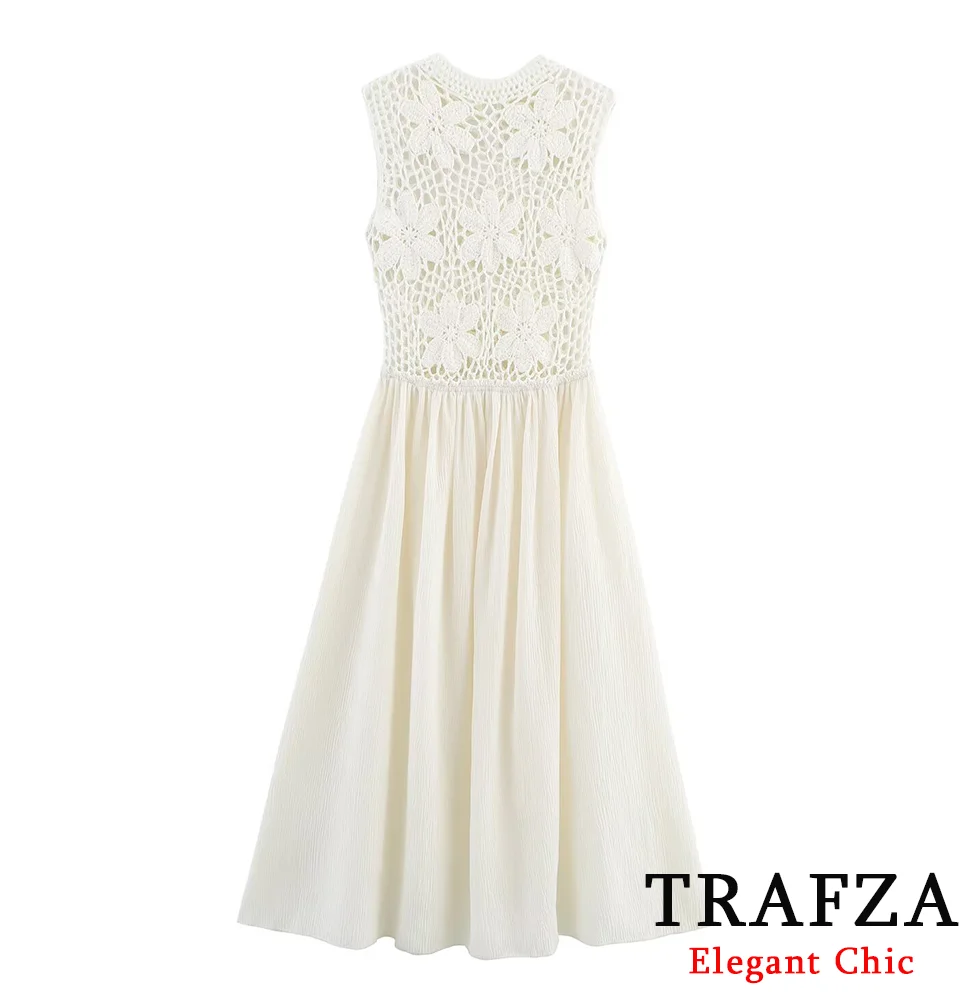 

TRAFZA Elegant Chic White Dress With Hollow Out Top Women's Sleeveless Tank Dress 2025 Summer Fashion Romantic Dating Lady Dress