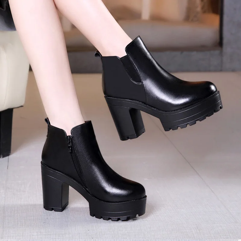 High quality short ankle leather boots for women 10cm high heel platform 2024 autumn winter 32 33 43 elegant shoe black brown