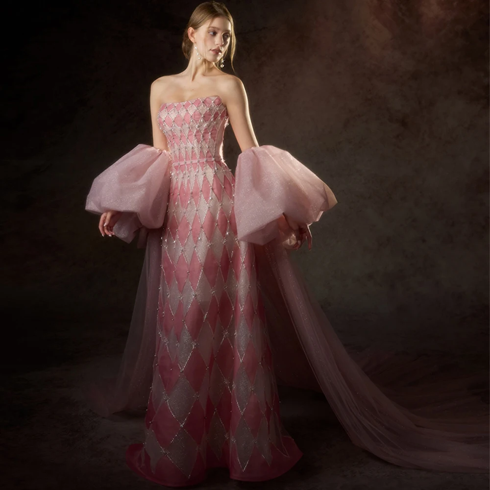 

Luxury Strapless Organza Evening Dress Delicate Watteau Train Prom Dresses Sparkly Pearls Crystal Customized Celebrity Gowns