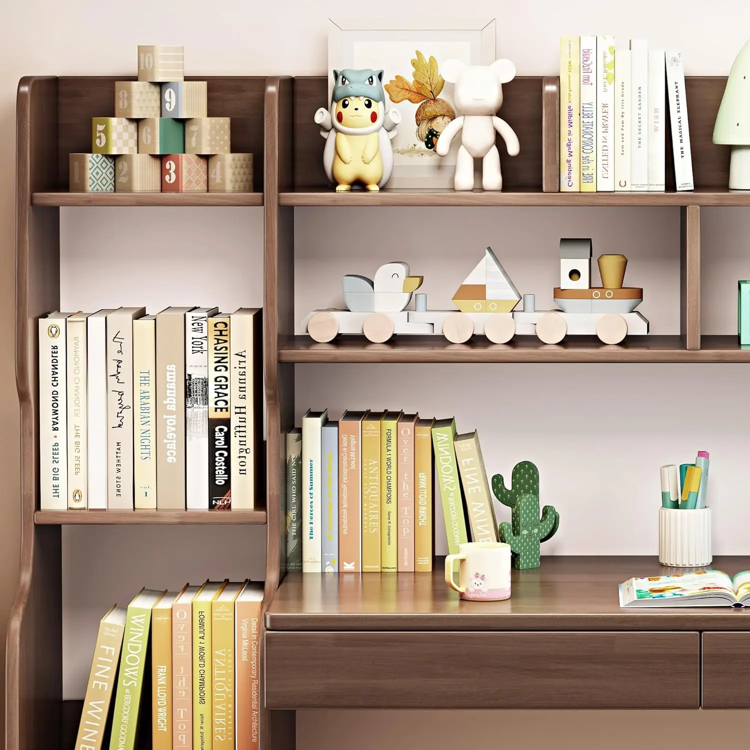 Table and Chair Set with Drawers and Bookshelf Wooden Kid's Media Desk Student Learning Computer Workstation and Writing Desk