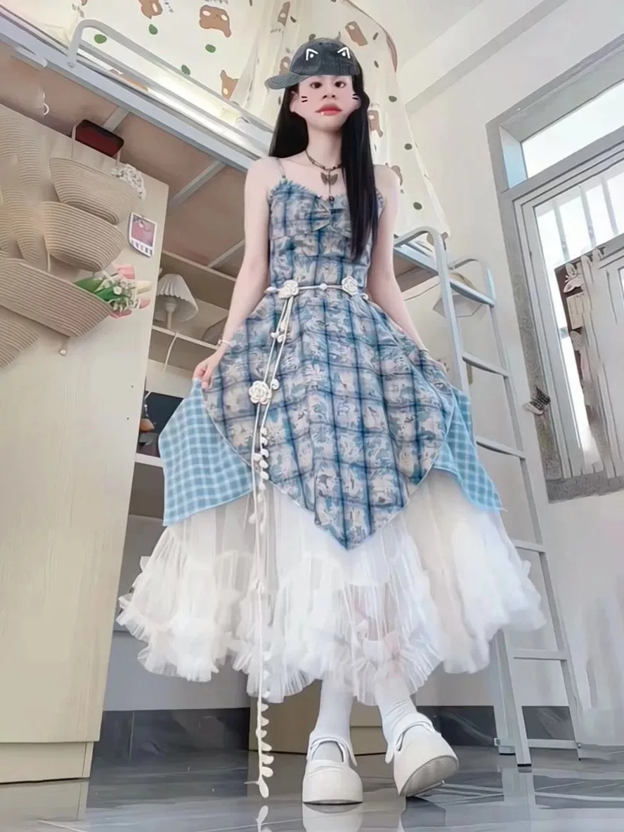 Travel Summer Women's Dress Mesh Splicing Strap Long Dress Grid Pattern Holiday Atmosphere City Commuting Beach Tourist Wear