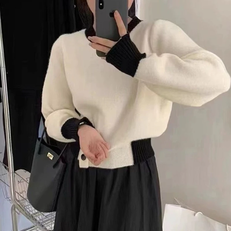 Outono inverno nova moda em torno do pescoço manga longa contraste cor pullovers roupas femininas cintura retração coreano tricô topos