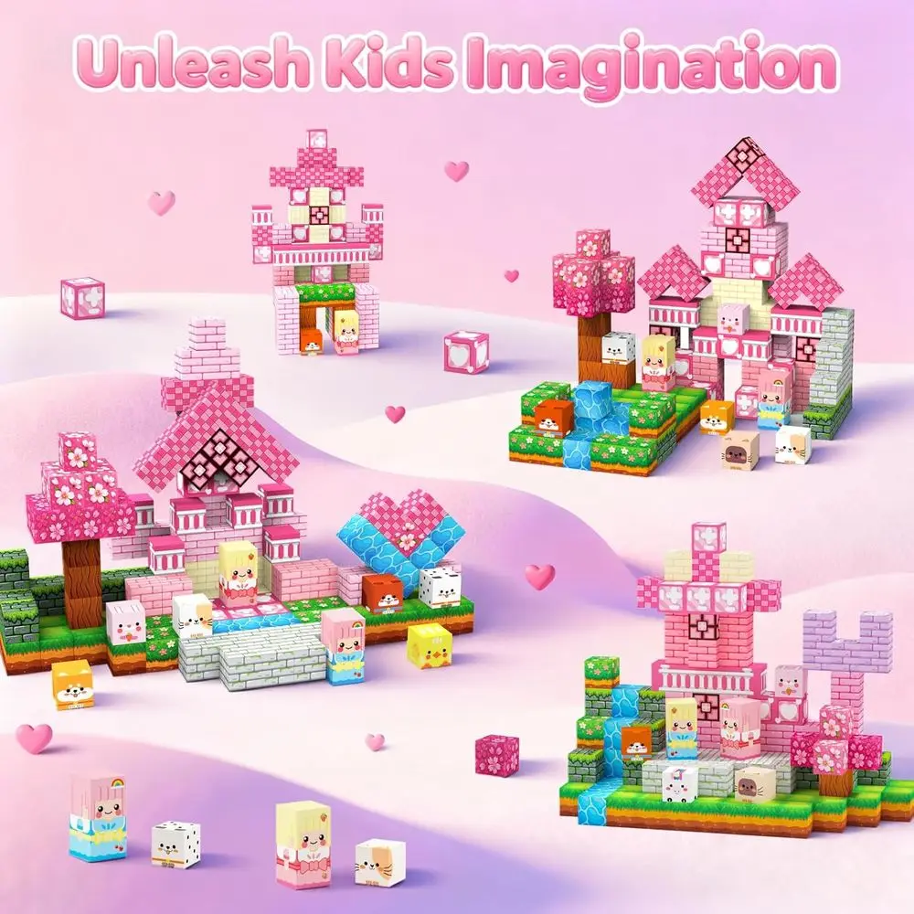 ألعاب تعلم الجذعية: مجموعة مكعبات مغناطيسية مكونة من 150 قطعة من Pink Castle Eonal للأطفال من عمر 4 إلى 12 عامًا