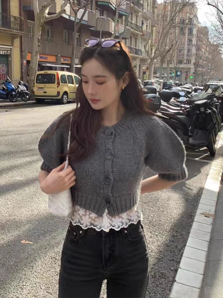 

Soft ort Knitted Open Cardigan Women's Sle Bubble Sve Top Early Autumn New Retro Single Button Korean Version Commute ...