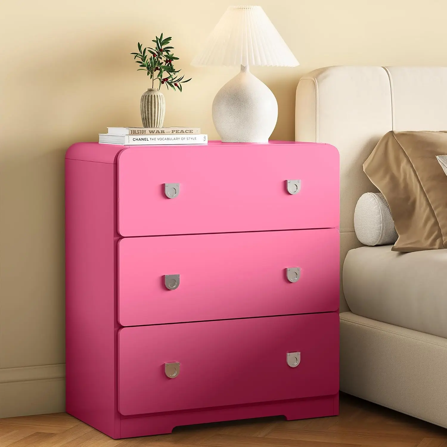 Pink 3 Drawer Nightstand, Modern Painted Bedside Table with U-Shaped Handles, Wood Tall End Table for Bedroom,, Customized