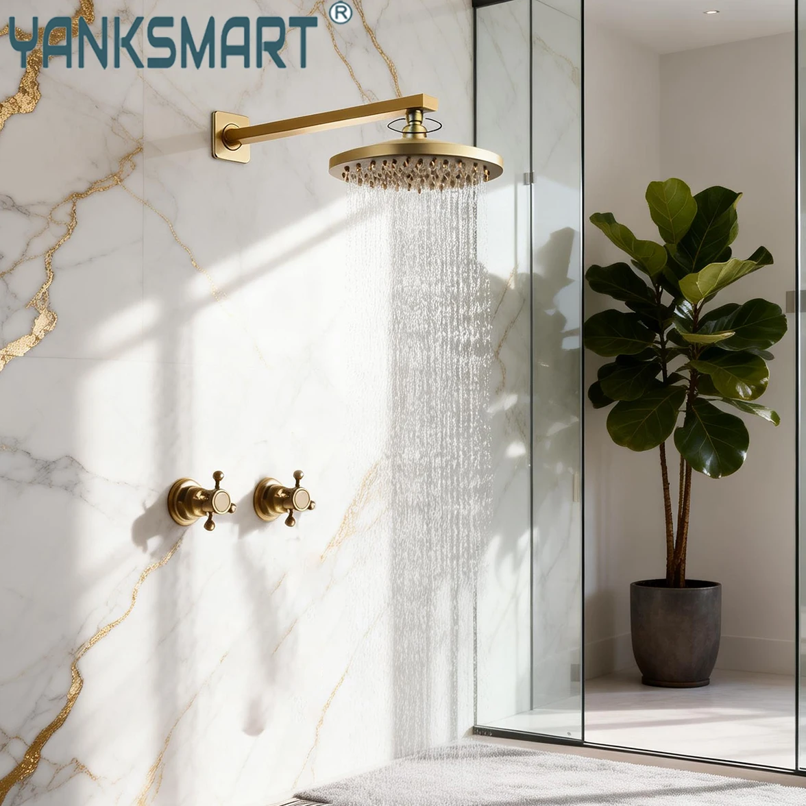 

YANKSMART 8 Inch Antique Brass Bathroom Rainfall Shower Faucet Set Wall Mounted Head and Hand Shower Mixer Tap Concealed Install