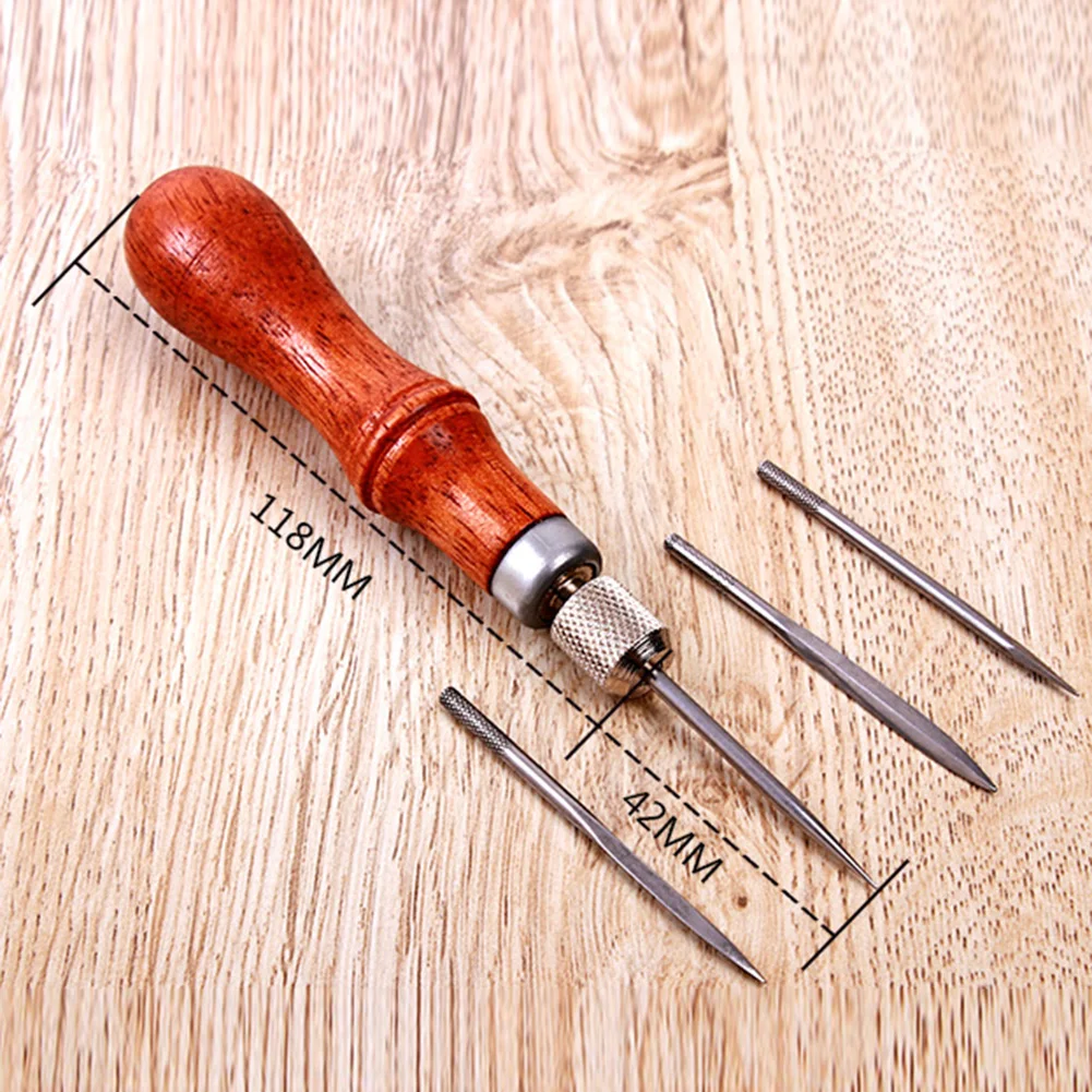 Steel Sewing Punching Hole Maker with Hardwood Handle Pin Punching Handmade Maker Tool Multifunctional for DIY Leather Craft