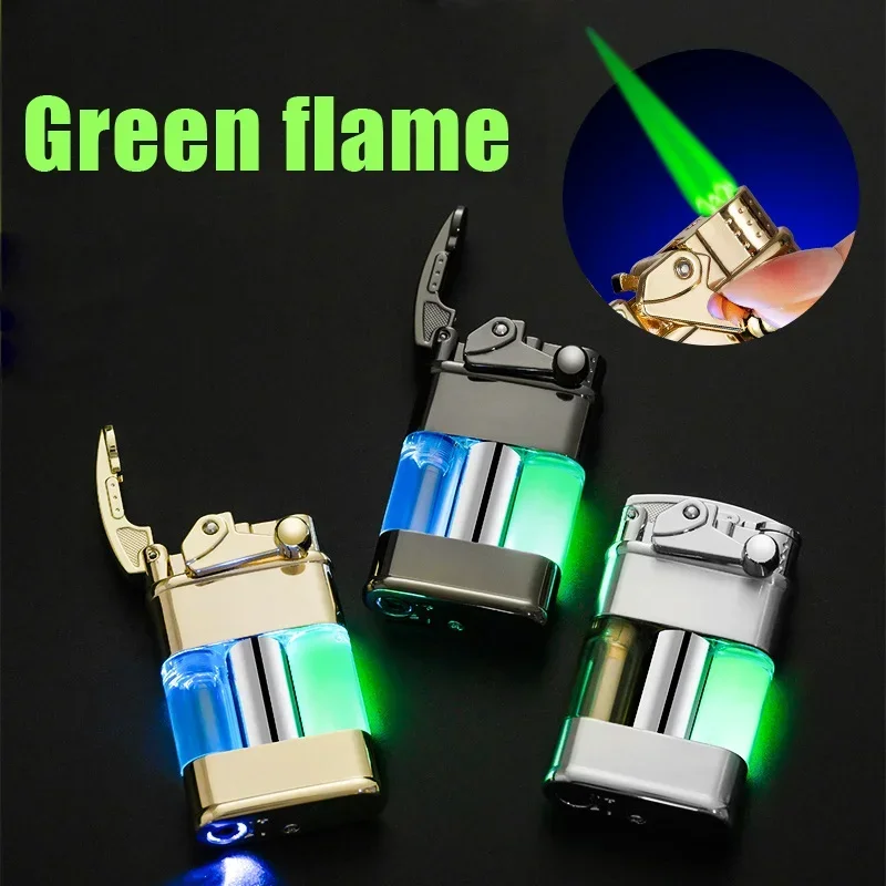HOT Metal Rocker Arm Luminous Quicksand Windproof Butane Gas Lighter Transparent Oil Tank LED Light Green Flame Lighters Smoking