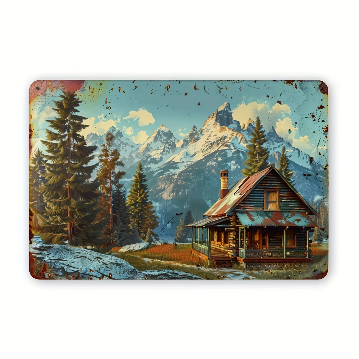 Vintage Metal Tin Sign of a Mountain Cabin, Suitable for Indoor And Outdoor Decoration, Hanging Iron Artwork for Walls in Room