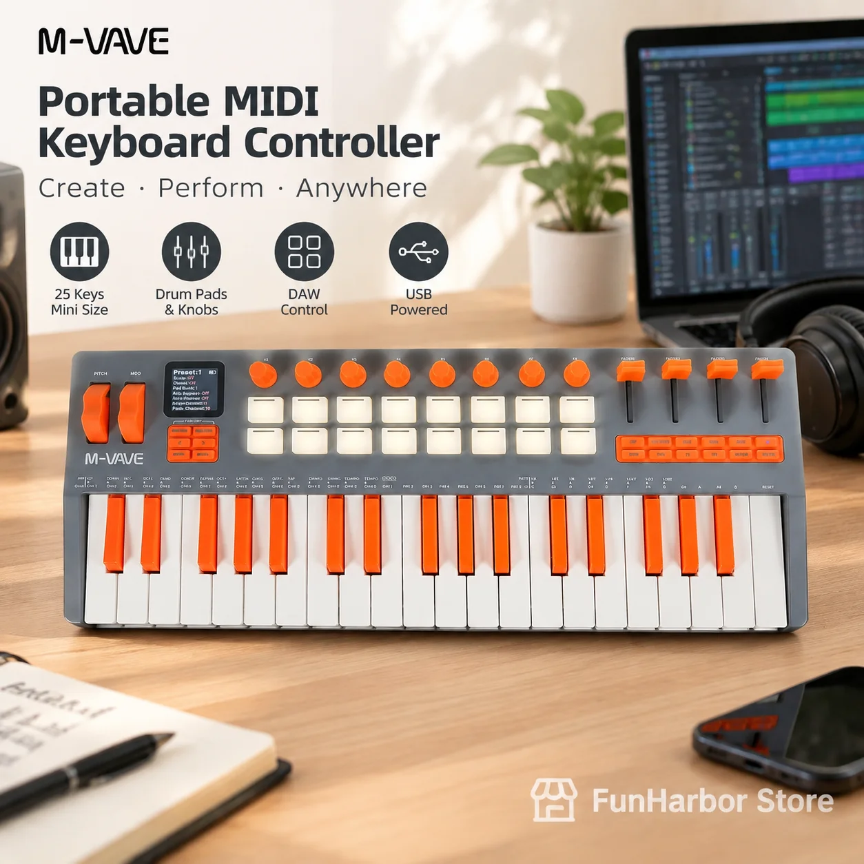 Hot Sale M Vave 37 Key Midi Keyboard Built In Sound Source Portable Synthesizer For Music Arrangement Production Studio