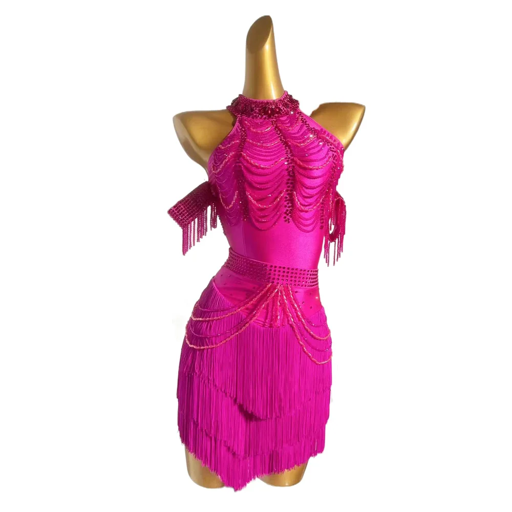 

Latin Dance Dress High-end Customized Pink With Diamond Tassel Big Backless Cha Cha Tango Female Stage Professional Clothing