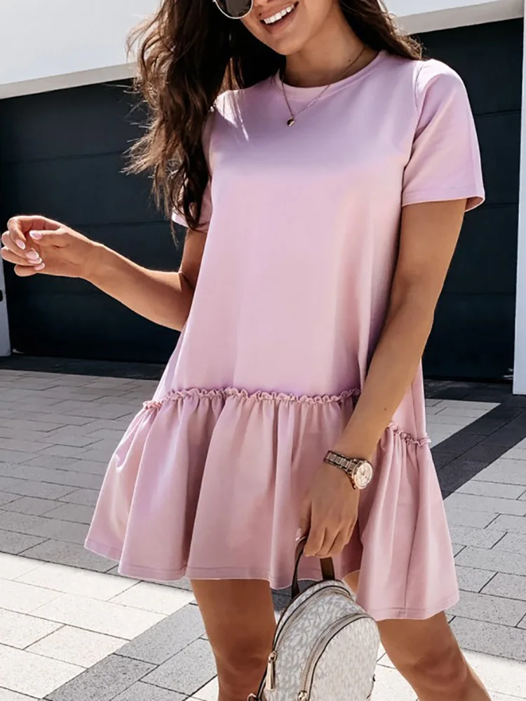 

Elegant Femme Chic Loose Party Dress Women Round Neck Solid Casual Ruffles Dress 2022 Summer Short Sleeve Mini Dress Vestidos