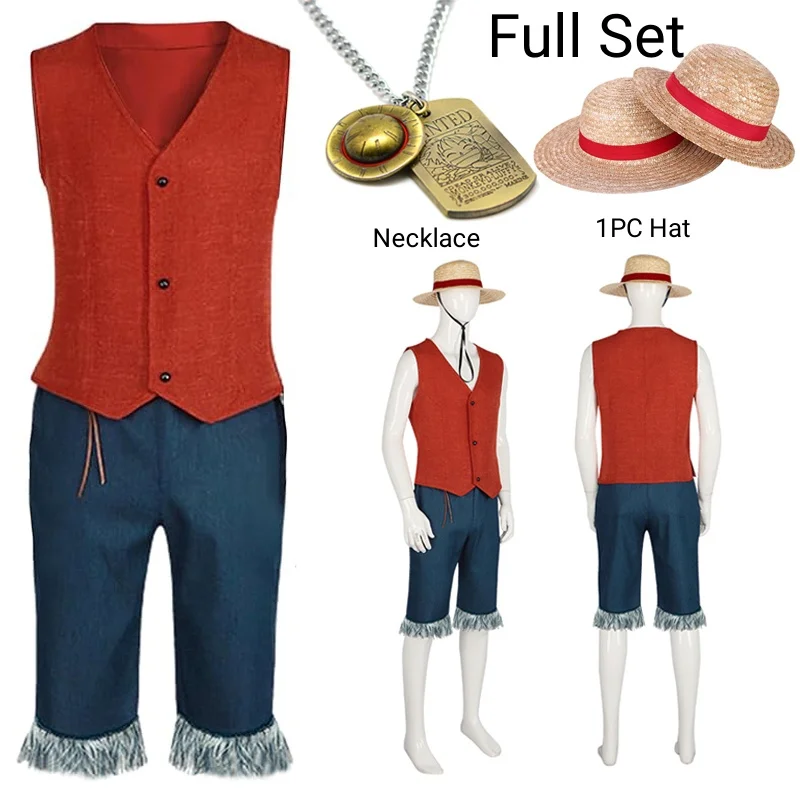 Luffy Cosplay Monkey D Luffy Kostuum Rood Vest Shorts Hoed Touw Anime Outfit Volwassenen Mannen voor Halloween Party