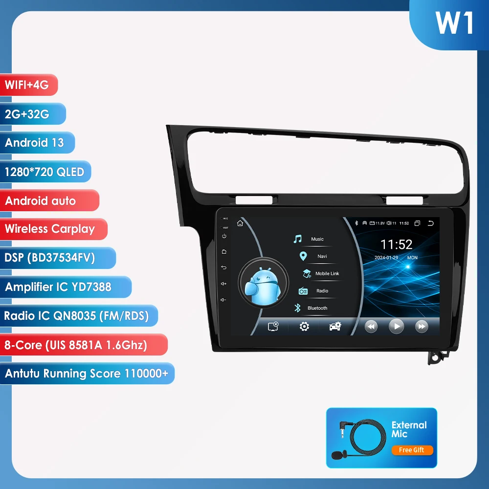 10.1 "Algpo 2Din Android Auto Autoradio voor Volkswagen VW Golf 7 2013-2017 Snapdragon 6115 GPS RDS DSP 4G BT CarPlay 360 ° CAM