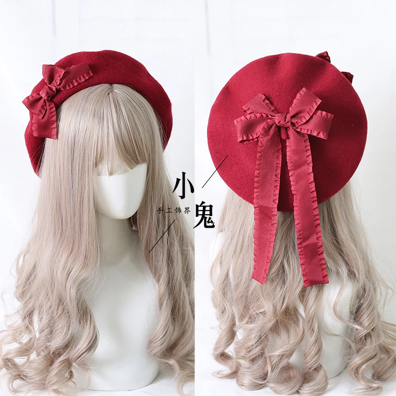 Women's Winter Wool Beret Handmade Lolita Bowknot Hats Warm Outdoor Beanie Hat