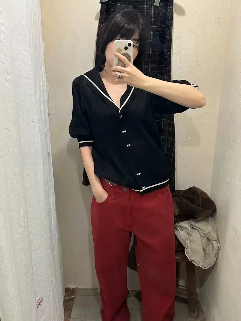 

Viplain Весенняя молодежная винтажная рубашка с темно-синим воротником на пуговицах, рукав 7/8, из чистого хлопка, повседневная, свободного кроя, для девочек, модная