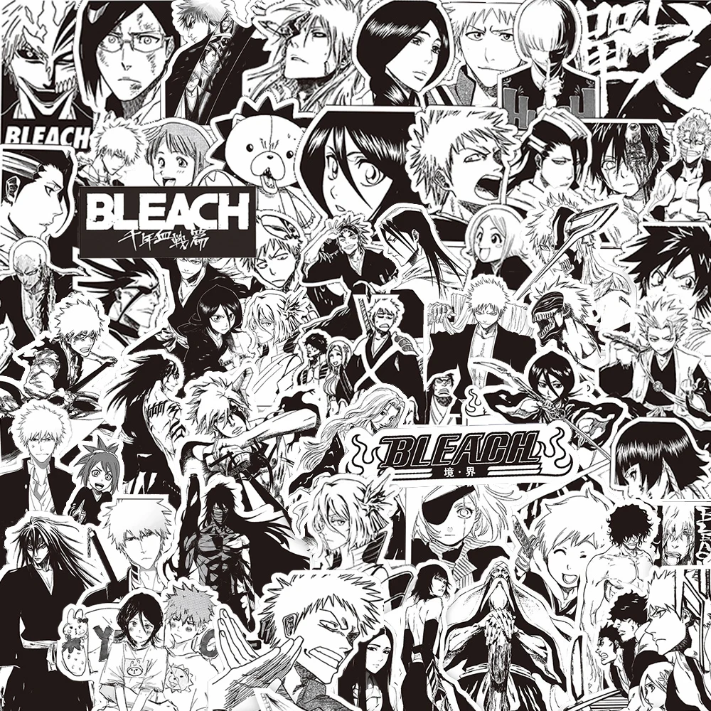 10/30/75 Uds. Pegatinas de Anime blanqueadas en blanco y negro, calcomanías geniales de Kurosaki Ichigo, juguete para monopatín, casco para portátil, pegatina de Graffiti para regalo para niños