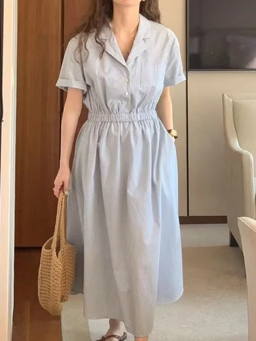 

Slimming Chic Spring Vintage irt Collar Pleated Waist ort Sve Dr Long Dr Women's Faion Commute Stripe Pattern