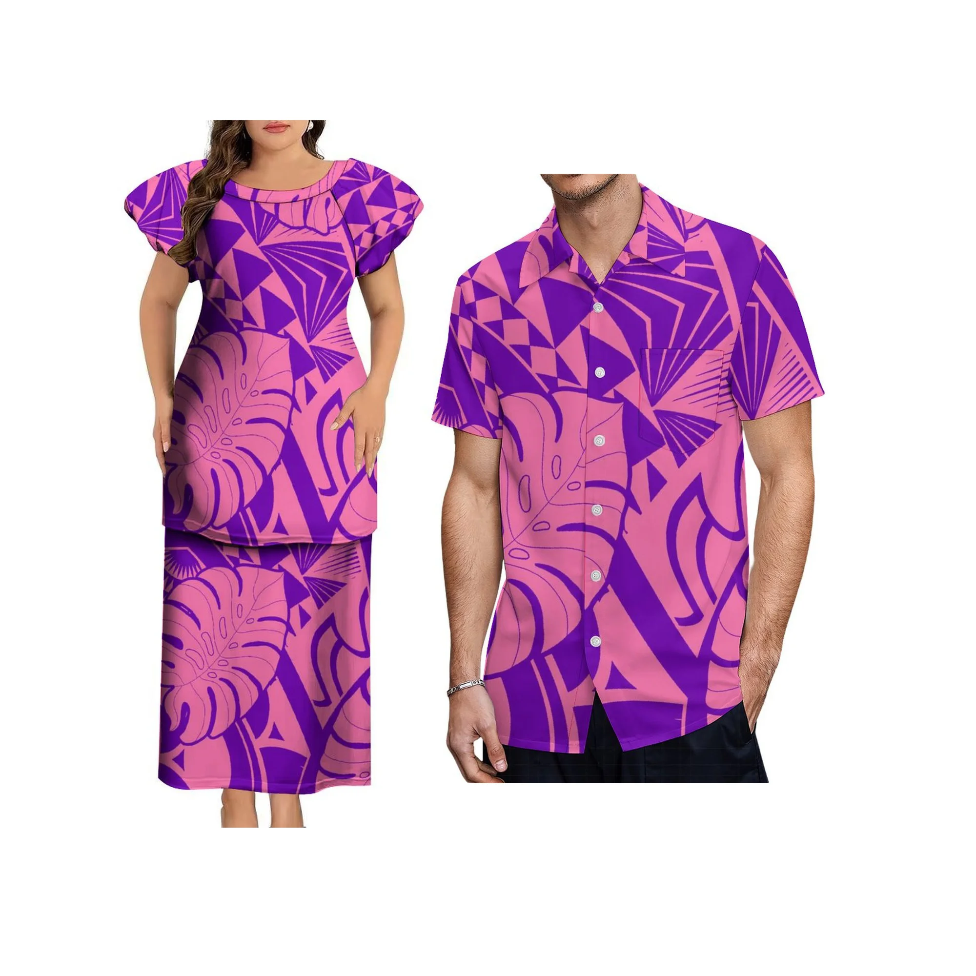 High Quality Custom Logo Women Dress Tonga Samoan Puletasi Set Crew Neck Puff Sleeve Party Dress Two Piece Set Outfits