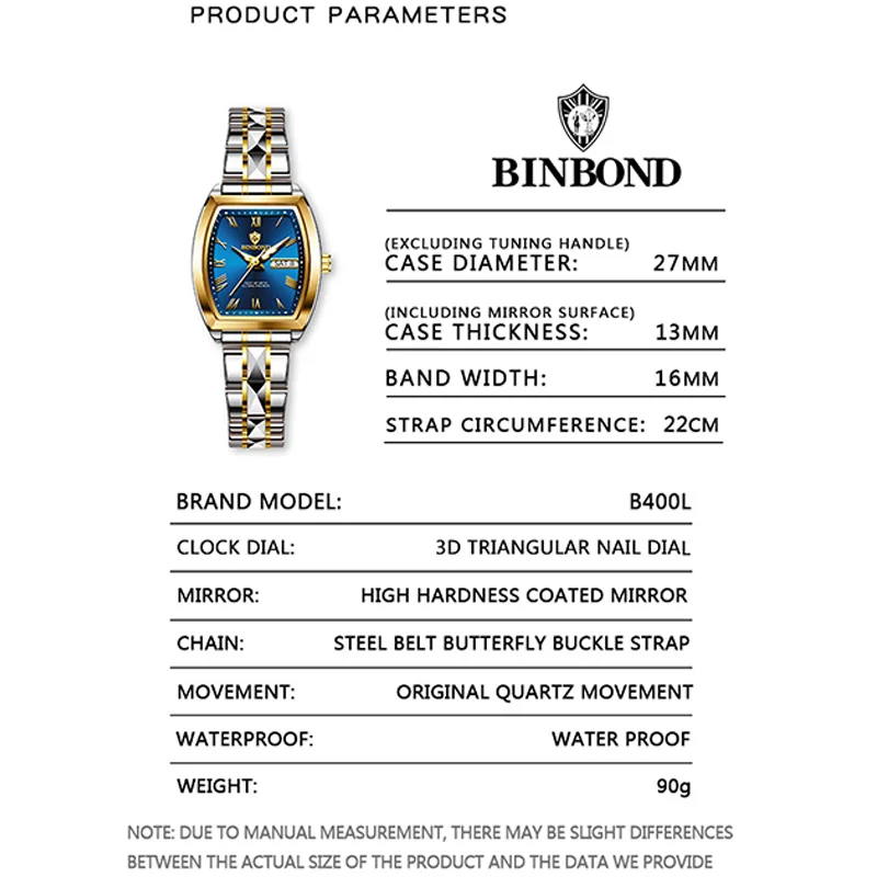 BINBOND Fashion Business Womens Quartz Watch 30M Waterproof Week Date ClockSport Casual B355 Top Brand Luxury  Womens Wristwatch