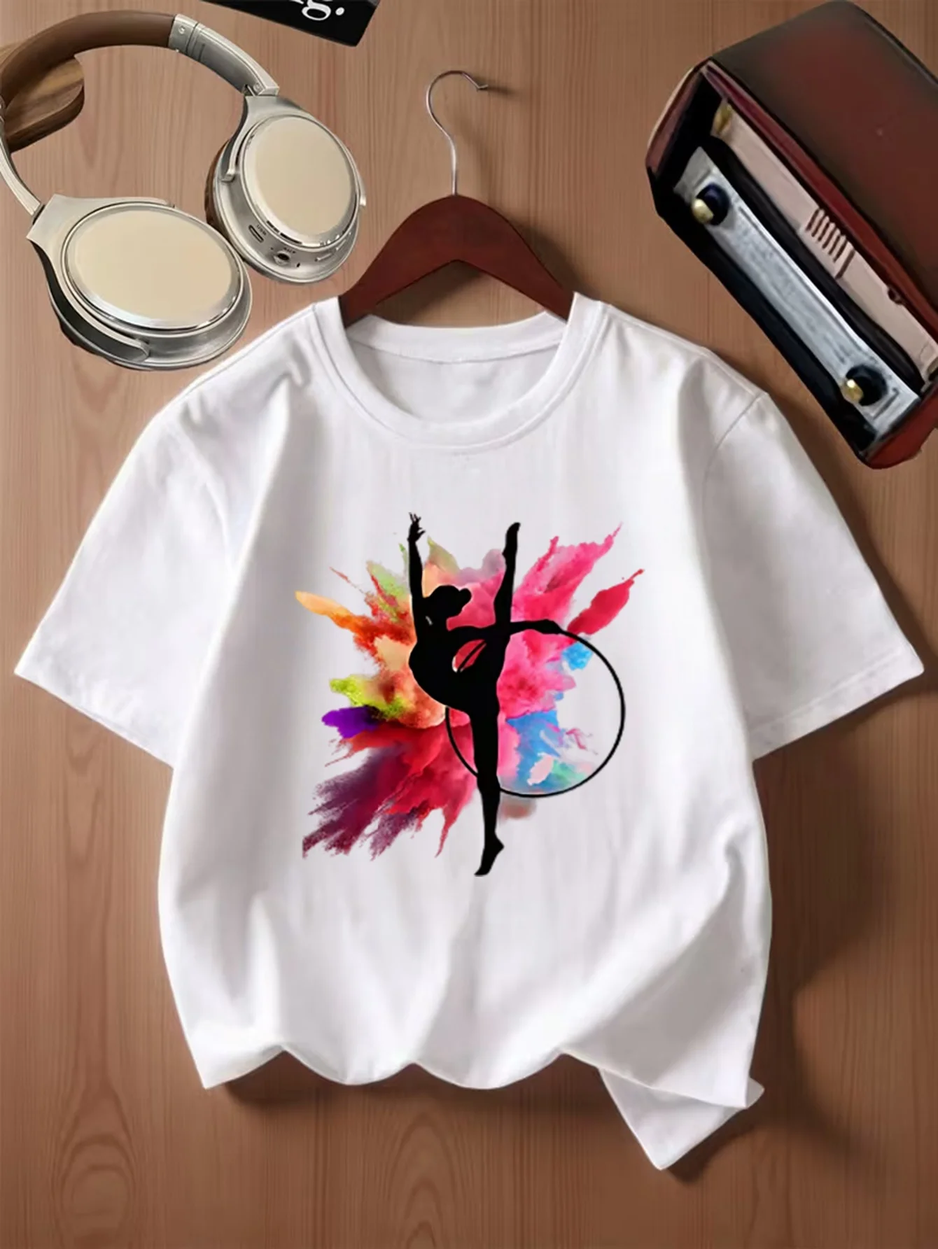 Art Watercolor Gymnastics Dancer Hoop Silhouette Print Kids T Shirt Boys Girls Family Matching Summer Crew Neck Casual Tee