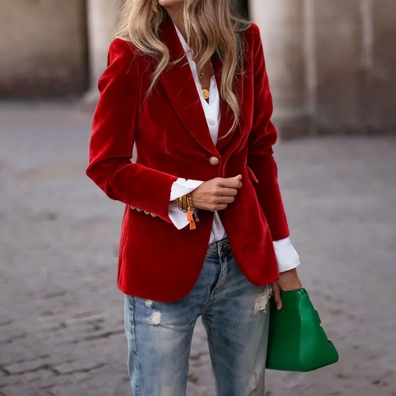 

Women Solid Lapel Leisure Coat Chic Fashion V-neck Full Sleeve Button Short Slim Jacket Lady 2025 Daily Commute Outerwear