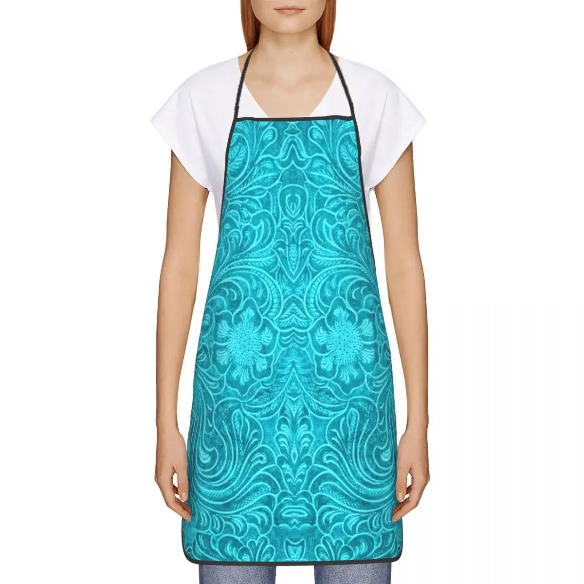 Turquoise Leather Texture Look Apron Women Men Unisex Bib Embossed Floral Pattern Kitchen Cooking Tablier Cuisine Chef Baking