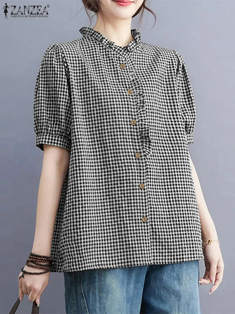 ZANZEA Summer Checked Blouse Women Elegant Puff Sleeve Shirt Vintage Grid Printed Tops O Neck Work Blusas Casual Loose Chemise