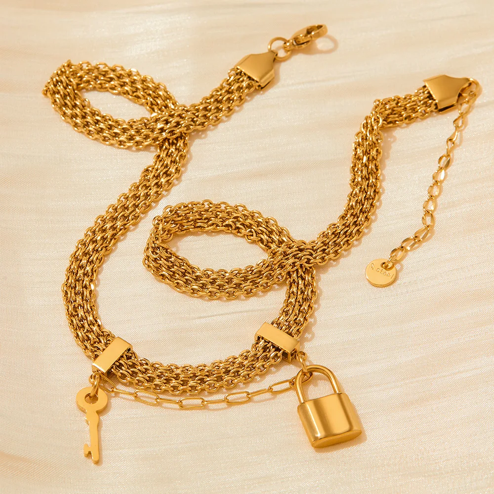 

Trendy Punk High Fashion 18K Gold Plated Stainless Steel Jewelry Collarbone Link Mesh Choker Pendant Necklace for Women