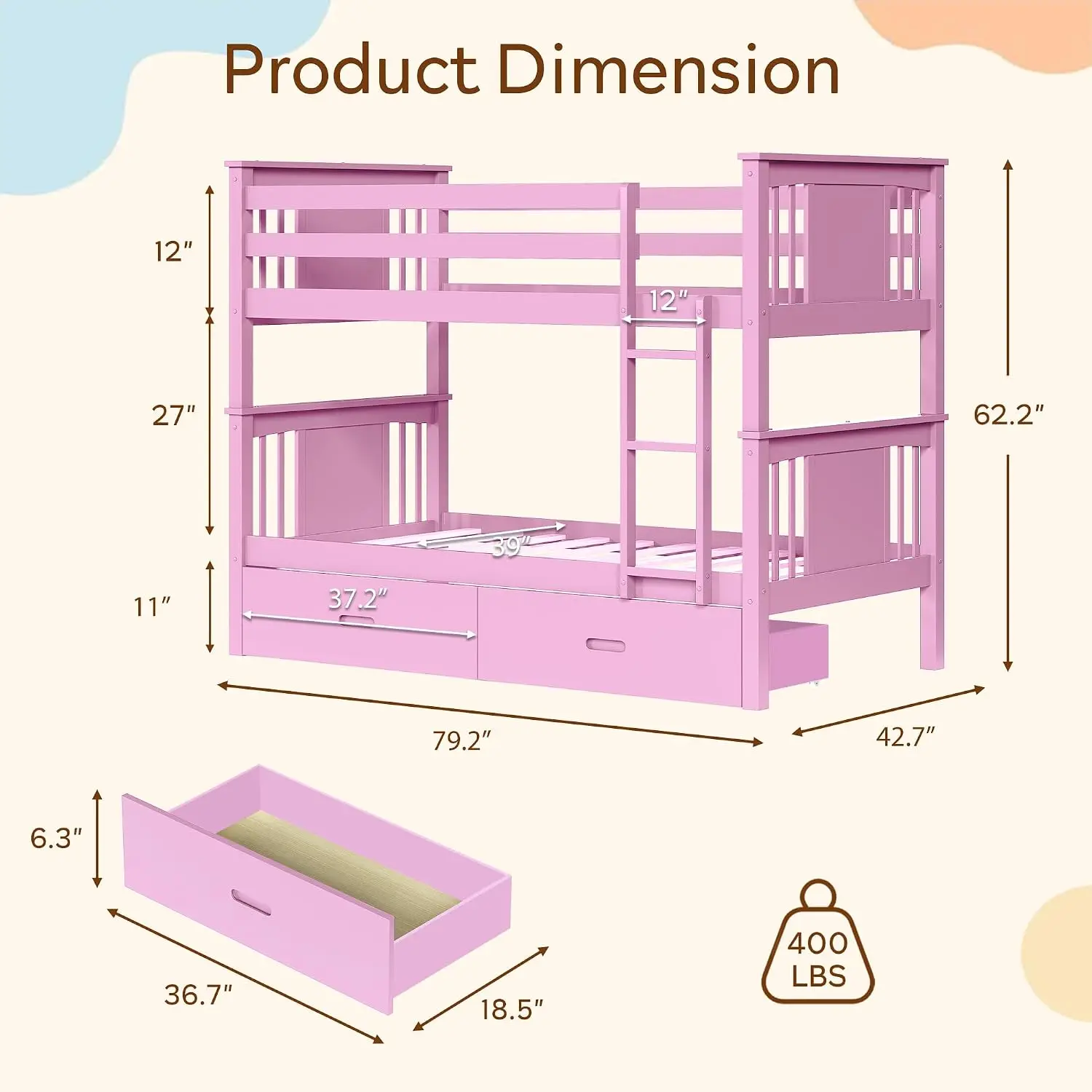 Bunk Bed Twin Over Twin, Convertible Wood Bunk Beds with 2 Storage Drawers, Solid Wood Slats, Widened Guardrail,, Customized